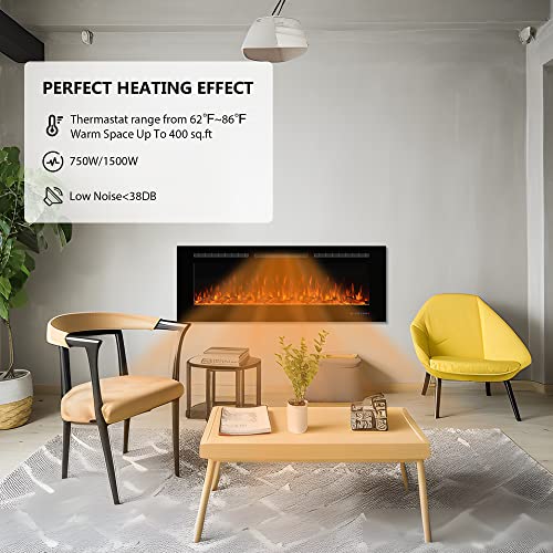 Dreamflame Electric Fireplace 42inches, Wall-Mounted & Recessed Fireplace Inserts, Multicolor Flame w/5 Dimmer, Remote Control Thermostat, Timer, Overheating Protection, Hardwire Connect, 1500W,Black Dreamflame