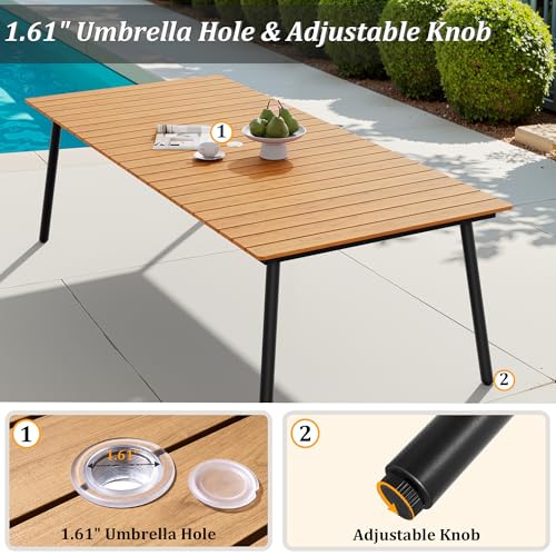 VredHom 95" Patio Outdoor Dining Table for 8-10, Weather-Resistant Wood-Grain Top with Aluminum Frame & Umbrella Hole for Deck Gatherings, Brown VredHom