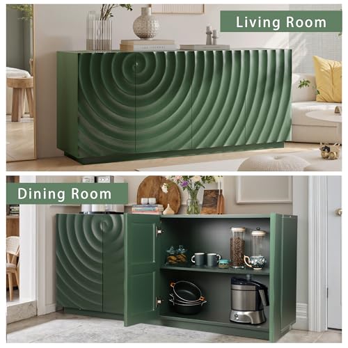 NTYUNRR 59" Buffet Sideboard Cabinet with Storage, Mid Century Modern Accent Credenza with Shelves, Media Console with 4 Doors, Coffee Bar Table for Entryway Living Room Dining Room Kitchen, Green NTYUNRR
