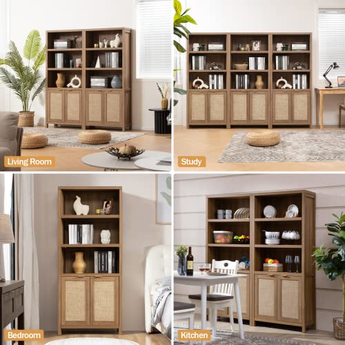 SICOTAS 5-Tier Boho Rattan Bookshelf with Doors - Stylish Oak Storage for Home and Office SICOTAS