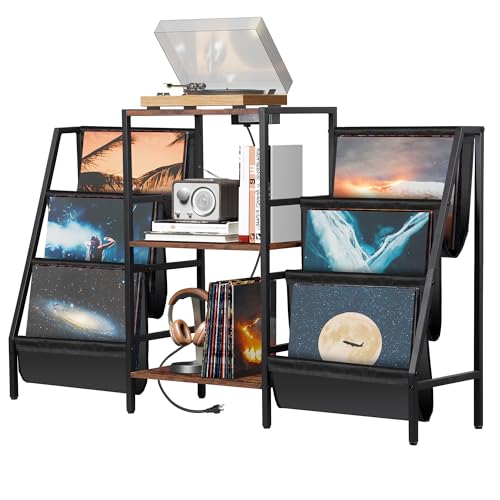 SUPER DEAL Record Player Stand, 3-Tier Turntables Stand with Vinyl Storage and Charging Station, Display Rack Table for Speaker, Amplifier, Storage Up to 280 Albums, Rustic Brown SUPER DEAL
