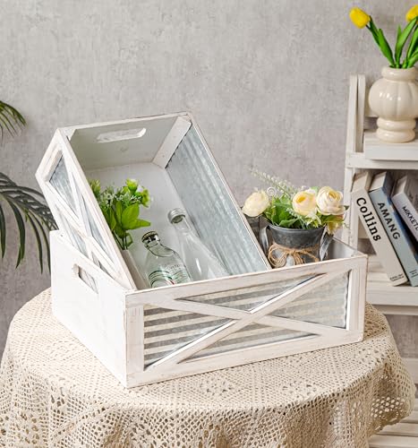 Set of 3 Nesting Wooden Crates, Rustic Wooden Storage Container Boxes with Cutout Handles, Decorative Farmhouse Wood Baskets for Display, Barn Door (Whitewash) Venalys