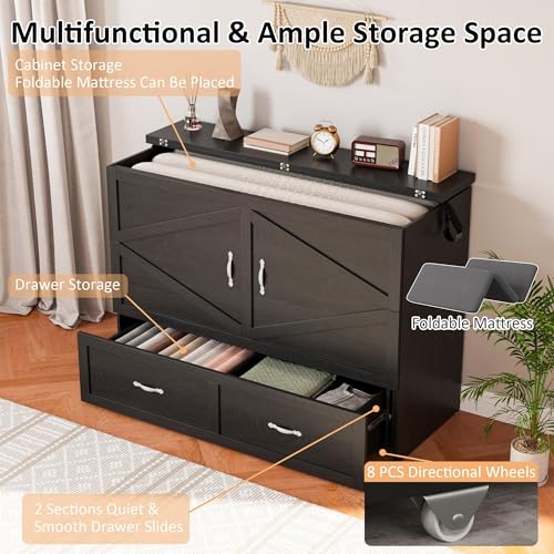 Harpaq Full Size Murphy Bed, Full Size Cabinet Bed Frame with Storage Drawer, Farmhouse Wooden Cabinet for Bedroom/Office/Guest Room, Black+Barnwood Harpaq