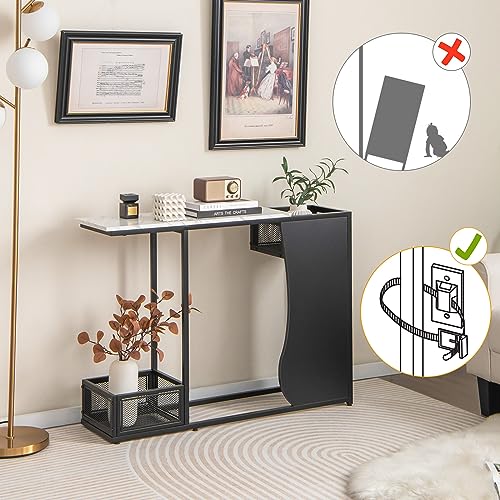 Giantex 43.5" Console Table for Entryway - Modern Entry Table with Faux Marble Top, 2 Mesh Storage Compartments, Metal Frame, Foyer Table, Narrow Sofa Table for Living Room, Hallway, White + Black Giantex