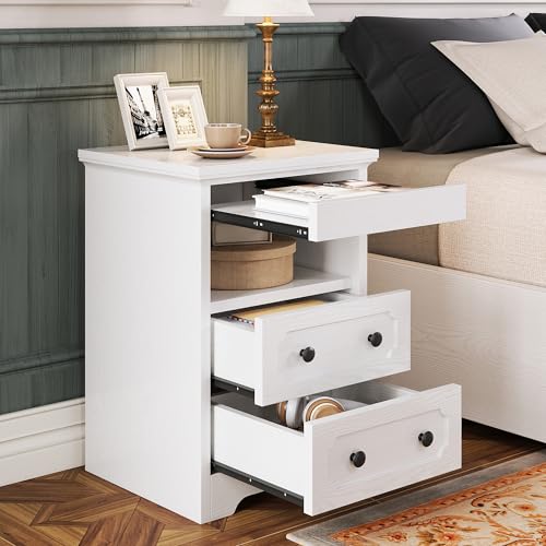 LIKIMIO Night Stand, Modern Bedside Table with 2 Drawers, Open Shelf, End Table with Pull-Out Tray, Wood SideTable, White LIKIMIO