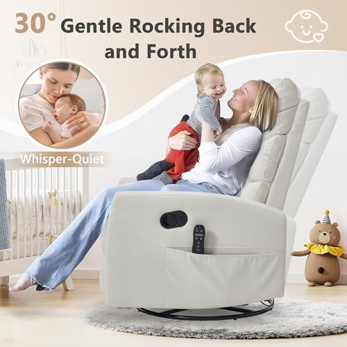cinkehome Swivel Rocker Recliner Chair, Upholstered Nursery Glider Recliner Chair with Heated Massage, High Back, Side Pocket (White PU Leather)
