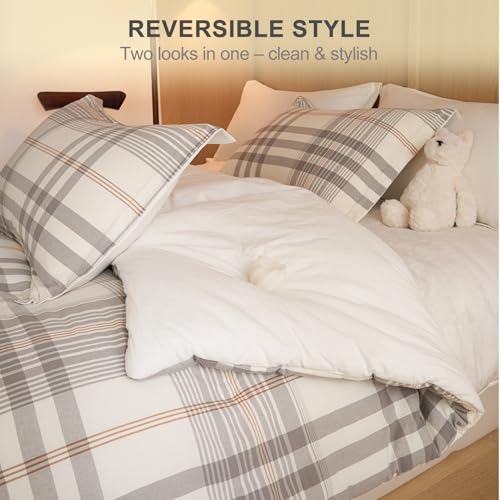 hadamick 100% Cotton Comforter Set Twin Size – Reversible Yarn-Dyed Checkered Design, Soft Washed Cotton on Both Sides, Lightweight All-Season Bedding, Machine Washable(Grey White Plaid, 68”x90”) hadamick