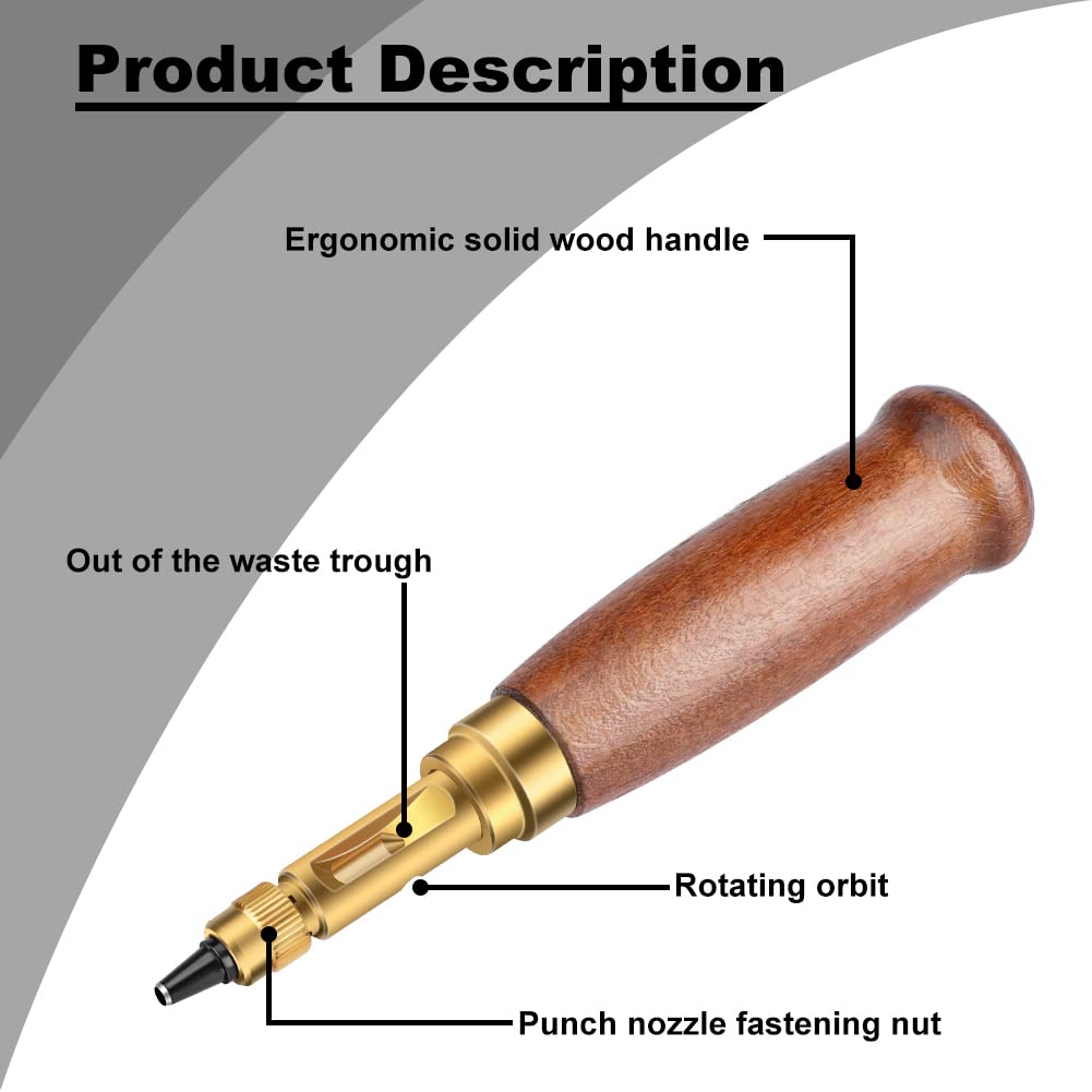 TLKKUE Adjustable Leather Hole Punching Tool Automatic Puncher with Wooden Handle Hollow Hole Punch with 6 Tips Size (1.5mm/2mm/2.5mm/3mm/3.5mm/4mm) for Leather Belt, Bag, Wristband TLKKUE