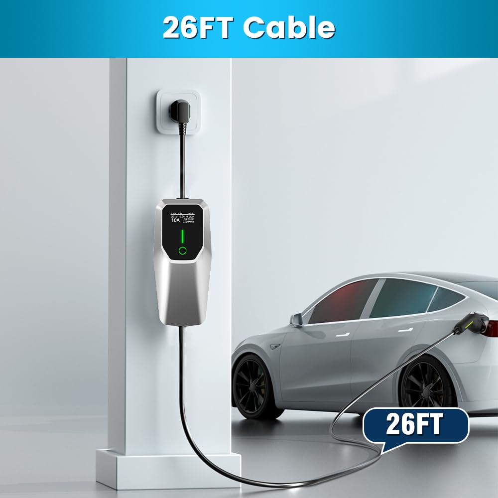 Portable Level 1 and Level 2 EV Charger 240V 32A (7.68kw) with 26ft Charging Cable NEMA 14-50 5-15 for SAE-J1772 Electric Vehicles Charging Station j Junsun