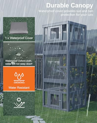 TIMHAKA Catio Indoor Cat Enclosure, 3 Tiers Cat Enclosure with Platform, Resting Box and 8 Removable Door can Connect with Cats Tunnel, Luxurious Playground with Waterproof Cover, DIY Wood Cats Cage TIMHAKA