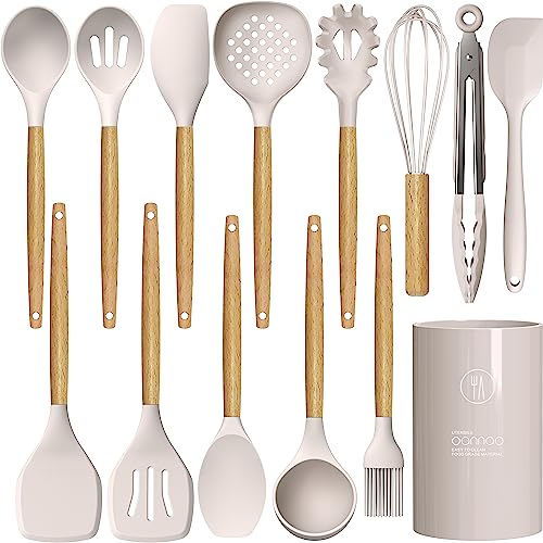 Silicone Cooking Utensils Set - 446°F Heat Resistant Silicone Kitchen Utensils for Cooking,Kitchen Utensil Spatula Set w Wooden Handles and Holder, BPA FREE Gadgets for Non-Stick Cookware (Khaki) oannao