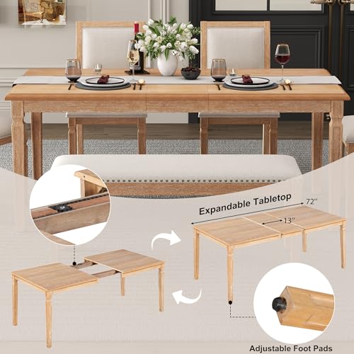Hlcodca 6-Piece Extendable Dining Table Set with 4 Chairs & Bench, 59 to 72-Inch Rustic Farmhouse Kitchen Table Set with Distressed Finish and Retro Carved Legs (Beige+Natural Wood Wash) Hlcodca