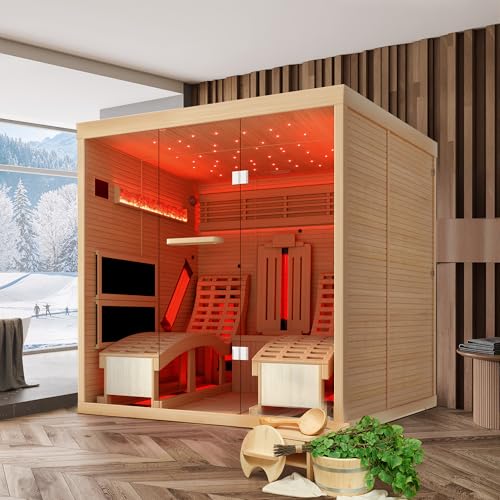 BNEHS Infrared Sauna,2 Person Luxurious Indoor Sauna with Recliner, Wooden Sauna with 7-Color Starry Ceiling,9 Heating Tubes,5 Carbon Panels,2-in-1 Door Handle,Himalayan Salt Brick,220V BNEHS