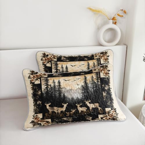 HOSIMA Deer King Bedding Set for Adults,Deer in Forest Print Summer Soft Lightweight Quilt,Floral Pattern Plaid Animal Bedding for Aesthetic Room Decor with 2 Pillowcases. HOSIMA