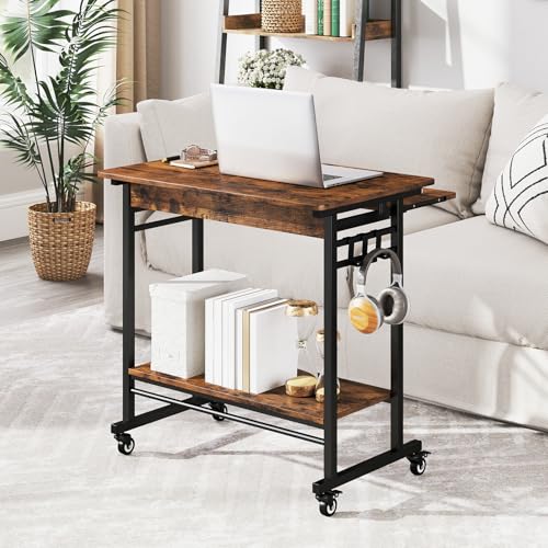Tangkula Rolling Computer Desk Cart with Keyboard Tray, Mobile Portable Laptop PC Desk with CPU Stand & 3 Hooks for Sofa & Bed, Industrial Small Desk on Wheels for Small Spaces, Home Office Desk Tangkula