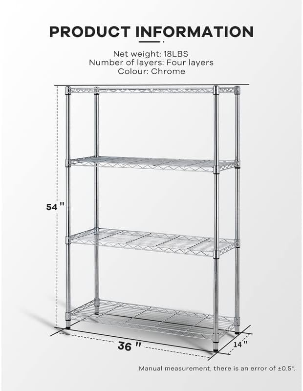 4-Tier Storage Shelves Adjustable,Wire Shelving Heavy Duty Storage Rack(250 Lbs Loading Capacity/Shelf) Metal Shelf Organizer Wire Rack Shelf for MGHH