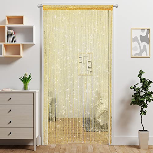 Atsweetlife Door String Curtain Doorway Beads Curtains,Hanging Room Divider Beaded Decor Hippie Glitter Fringe Panel Closet Window Doors Sequin Sheer Boho Doors Tassel (Gold) Atsweetlife