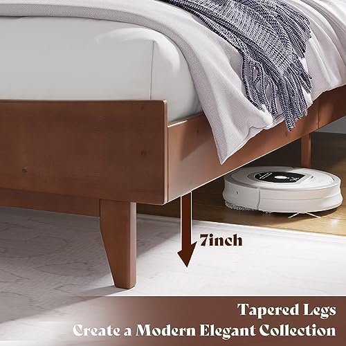 VanAcc King Size Solid Wood Bed Frame, Mid-Century Platform Bed with Slatted Headboard, Wood Slat Support/No Box Spring Needed/Walnut VanAcc