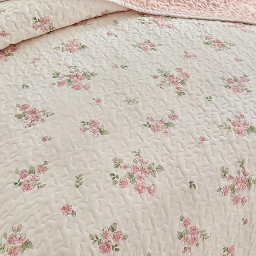 Joyreap Twin Size Quilt Set for Girls, Floral Pink n White Design, 2pcs Soft n Cozy Microfiber Quilt, Bedspread Bed Cover for All Season- 68x88 inches Joyreap
