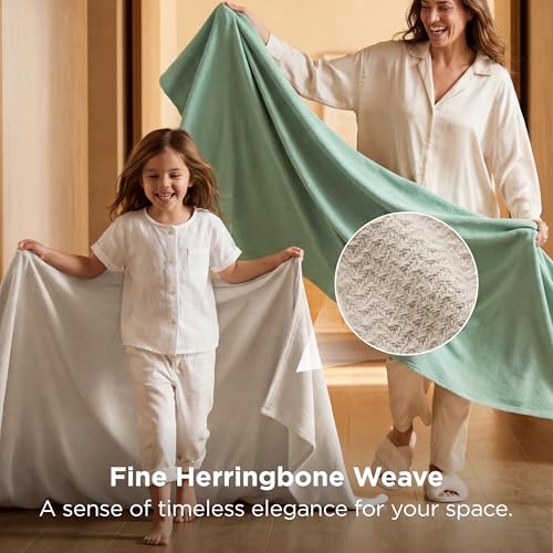 Bedsure GentleSoft 100% Cotton Blanket Queen Size for Bed - Breathable and Lightweight, Soft Cozy Textured Herringbone Woven Blanket for Summer Spring, Linen Beige, 90x90 inches Bedsure