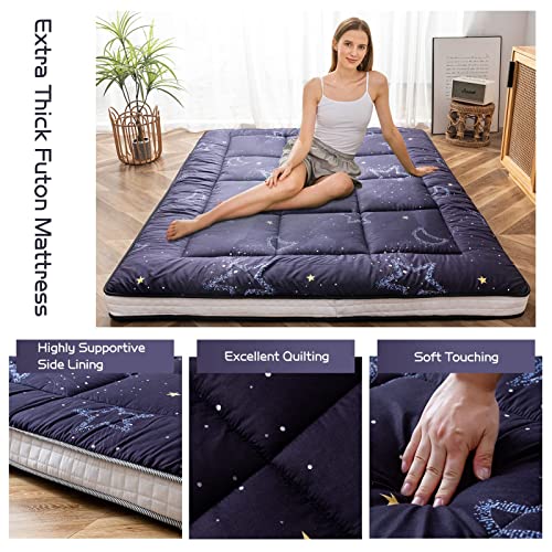 MAXYOYO Japanese Moon and Star Full Size Futon Mattress, Blue, Plush, 54"W x 80"L x 4"H, Foldable, Breathable, Reinforced Support, Moon and Star Pattern, Bedroom, Floor, Guest Room, Tent, Teepee MAXYOYO