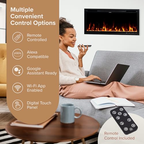 Modern Ember Aerus Slim 36 Inch Smart Linear Electric Fireplace | Recessed in-Wall or Wall-Mount | LED Multiple Flame Colors | Alexa/WiFi Enabled | 4.25β Profile | Remote Included Modern Ember