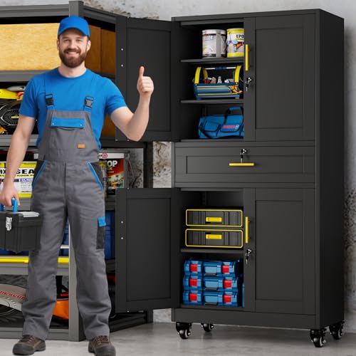 AUEYTVR 61" Metal Garage Storage Cabinet with Wheels and Locking Doors and Tall Rolling Steel Tool Cabinet with 5 Adjustable Shelves for Garage,Home,Office,Shop (Black, 71" H x 35.43W x 15.74" D) AUEYTVR