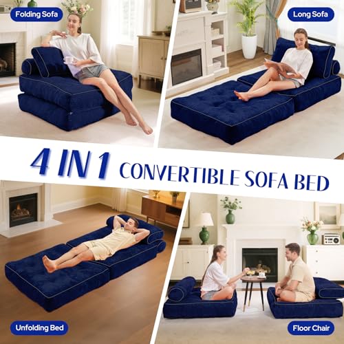 HABUTWAY Folding Sofa Bed, Convertible Sleeper Chair Bed w/Dual-Pillow & Handle, Foldable Floor Sofa Lounge w/Back Support for Living Room, Bedroom, Apartment, Office, Single, Navy Blue HABUTWAY