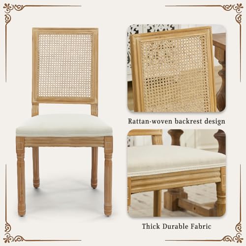 SoarFlash French Decor Chairs Set of 4, Louis Dining Chairs with Square Rattan Backrest, Exquisitely Carved Solid Wood Frame for Living Room, Kitchen, Restaurant, Beige SoarFlash