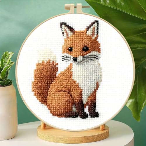 Zhenqing Fox Cross Stitch Kit for Beginners, 11CT Printed 20x20cm with 16cm Hoop, Cute Animal Embroidery Set(70736)