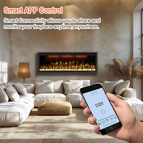 74" Smart Electric Fireplace Inserts,Slim Fireplace with APP Control & Remote Control& Touch Panel,13 Adjustable Flame Color&13 Fuel Bed Colors,750W/1500W,Black VINEMOUNT