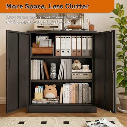 BESFUR Metal Garage Storage Cabinet with 2 Locking Doors and 2 Adjustable Shelves, 36" Black Metal Short Storage Cabinet for Home Office,Garage,School,Utility Room BESFUR