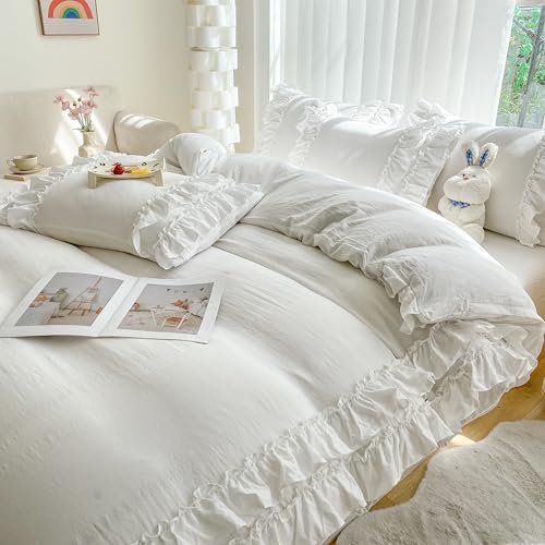 Shabby Chic 3 Pieces Bedding,Vintage Ruffled Full Duvet Cover Set with 2 Layers Ruffles,Soft Brushed Microfiber Set with Zipper Closure,Lightweight Duvet Cover Set-White,Full SOUKECHY