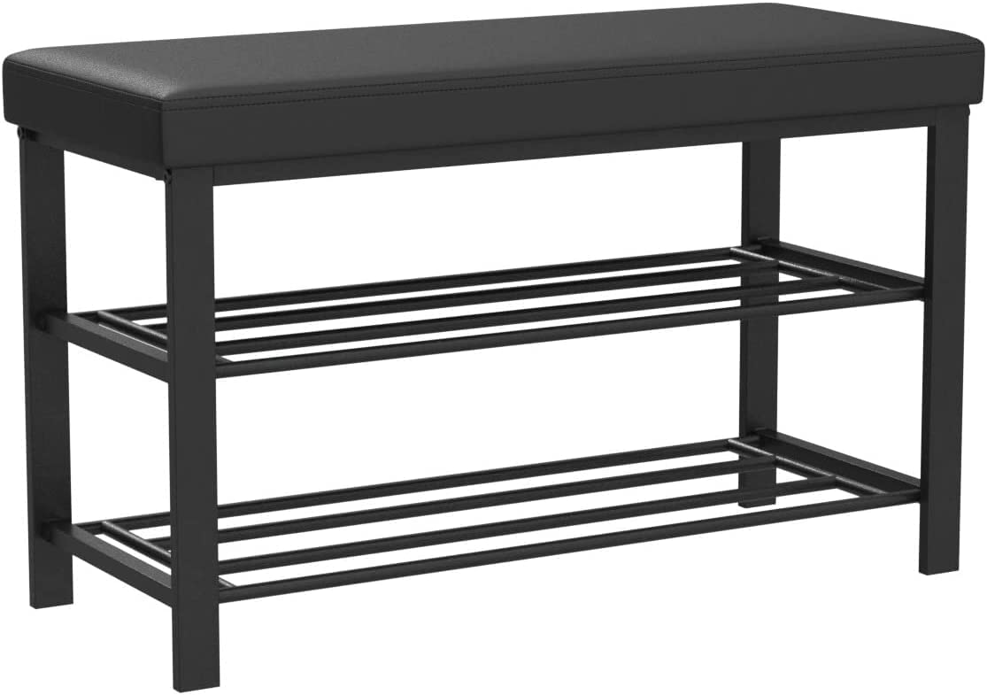 Finnhomy Entryway Shoe Rack with Cushioned Seat, Shoe Bench for Entry, 2 Shelves Storage Bench w/Faux Leather Top Bed Bench, Black Finnhomy