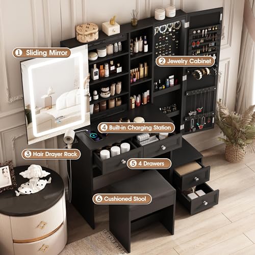 Makeup Vanity Desk with LED Lighted Sliding Mirror, Vanity Table with Jewelry Cabinet and 4 Drawers, Charging Station & Lots Storage Shelves, Adjustable Brightness, Dressing Table Cushioned Stool Set Vabches
