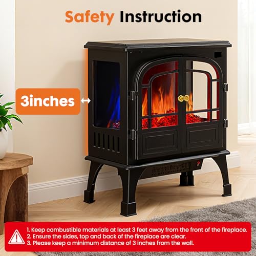 Sweetcrispy Freestanding Electric Fireplace Heater, 26”Two Door Fireplace with 3D Flame Effect, Overheating Safe Design, Energy Saving Space Heater with 12H Timer&Remote for Living Room, Bedroom,Black Sweetcrispy
