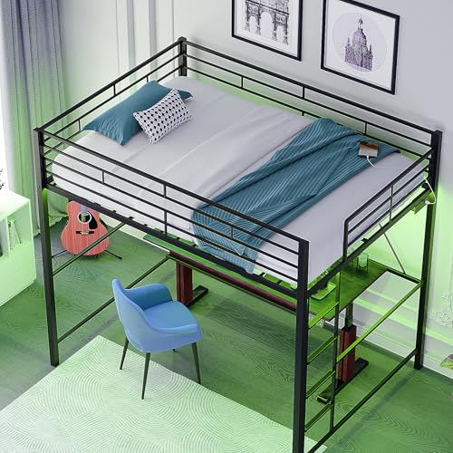 VINGLI Loft Bed Twin Size with 15 Inches Safety Guardrail, Flat Rungs, LED Lights and Charging Station, Heavy Duty Metal Single High Sleeper for Small Space Saving, Kids room and Dorm Apartment, Black VINGLI