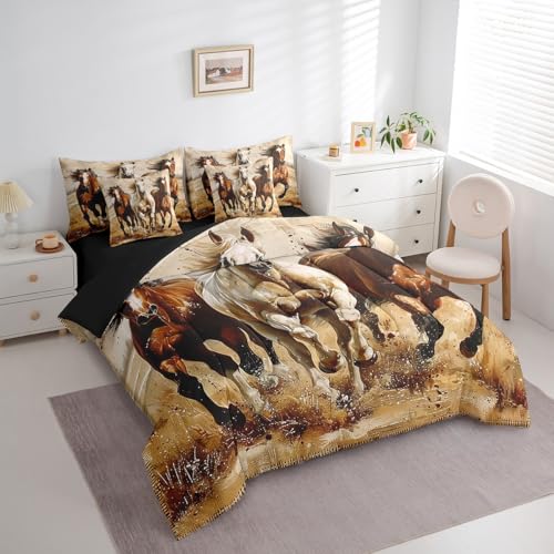 Erosebridal Horse 7 Piece Comforter King Size for Kids Boys Western Cowboy Horse Sheet Set Bed in A Bag 3D Printed Wildlife Wild West Country Rustic Cabin Desert Bed Set Erosebridal