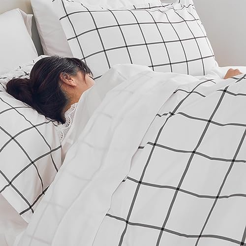 SLEEP ZONE Dorm Comforter Twin XL, 5 Pieces Geometric Plaid Pattern Printed Soft Microfiber Bedding, Breathable & Soft Bed in A Bag (Grey Grid White, Twin XL) SLEEP ZONE