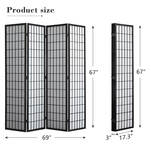 WelFurGeer 4 Panel Shoji Screen Room Divider, Folding Privacy Screens, Room Partitions and Dividers, Decorative Room Dividers, Wall Dividers for Room Separation, Japanese Room Divider for Home (Black) WelFurGeer