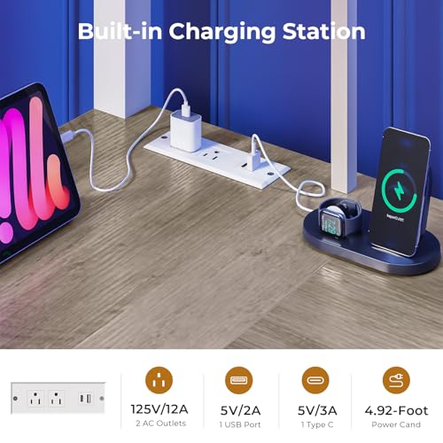 Loft Bed with L-Shaped Desk, LED Lights, Charging Station, Metal Loft Bed Frame with 5 Storage Drawers and Hall Tree, Twin Size Bed for Kids with Ladder and Safety Guard, No Box Spring Needed, White MSmask