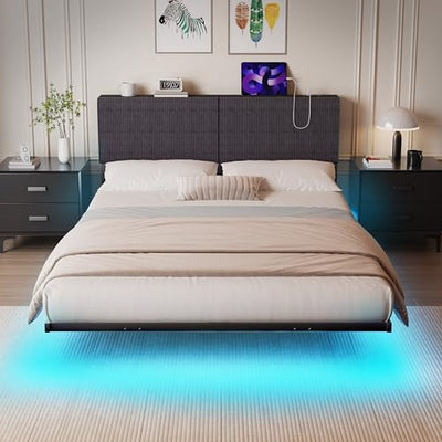 HOMERECOMMEND Floating Full Size Bed Frame,Full Bed Frame with Storage Headboard with Charging Station,Corduroy Upholstered Platform Bed with Smart LED Lights,No Box Spring Needed,Black+Dark Grey
