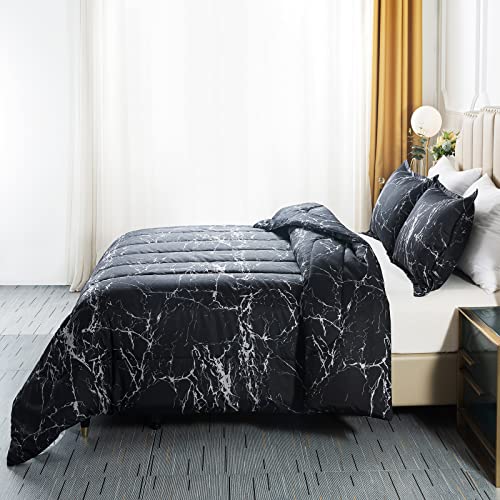 Caressma Black Marble Comforter Set Full Size, 3 Pieces Modern Pattern Soft Microfiber Bedding Comforter Set, Down Alternative Comforters for All Season (79 * 90") Caressma