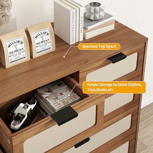 mixtavie Rattan Dresser with 5 Drawers, 5 Drawers Dresser for Bedroom, Dressers & 5 Chests of Drawers with Metal Handles, Modern Storage Organizer Dresser for Hallway (Walnut, Set of 1) mixtavie