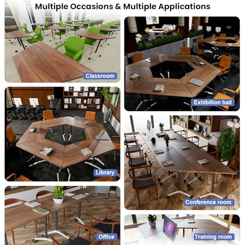 Folding Walnut Trapezoid Conference Tables,47.2" Modern Modular Conference Room Tablesfor 10 People,Mobile Training Table with Wheels,Flip Top Rolling Seminar Meeting Table (8 Pack) FERYSUN