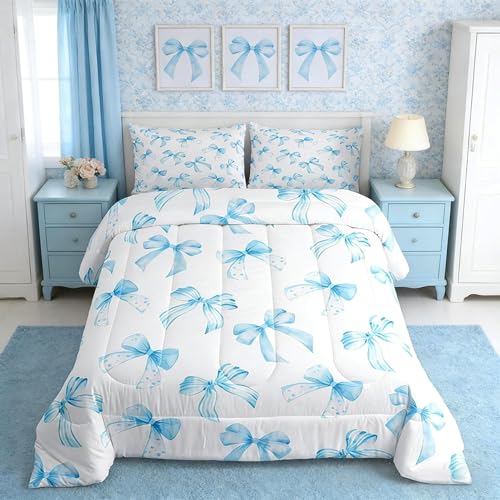 Feelyou Sky Blue Bow Bedding Set for Kids Boys Girls Twin Size Cute Dreamy Princess Style Comforter Set Ultra Soft Bow Pattern Comforter Sky Blue Bowknot Duvet Quilt Bedroom Decor Bow Quilt Feelyou