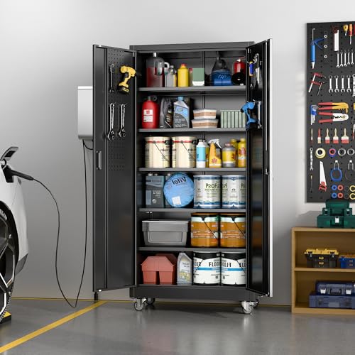 Aobabo Upgraded Garage Storage Cabinets with Wheels,Metal Storage Cabinets with 5 Adjustable Shelves for Garage Home Office Storage, Black,71''H*34''W*18''D,Assembly Required Aobabo