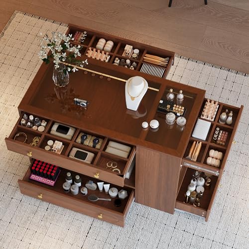 Merax Wood Closet Island with 6 Drawers 47.3" Wardrobe Armoire Bedroom Island with Glass Top and Open Shelves, Jewelry Storage Vanity Island with Compartments Cloakroom Walk-in Closet Island (Walnut) Merax