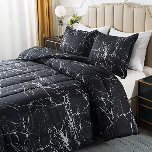 Caressma Black Marble Comforter Set Full Size, 3 Pieces Modern Pattern Soft Microfiber Bedding Comforter Set, Down Alternative Comforters for All Season (79 * 90") Caressma