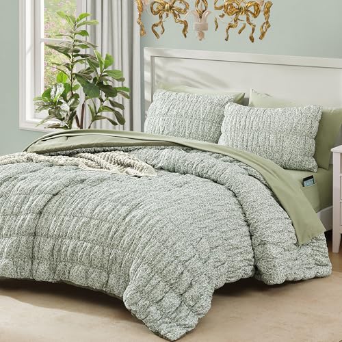 BLOOMHAVEN Full Size Comforter Sets-7 Pieces Puff Sage Green Floral Bedding Set for All Seasons, Shabby Chic Farmhouse Bed in a Bag Full with Floral Comforter, Sheets, Pillowcases & Shams BLOOMHAVEN